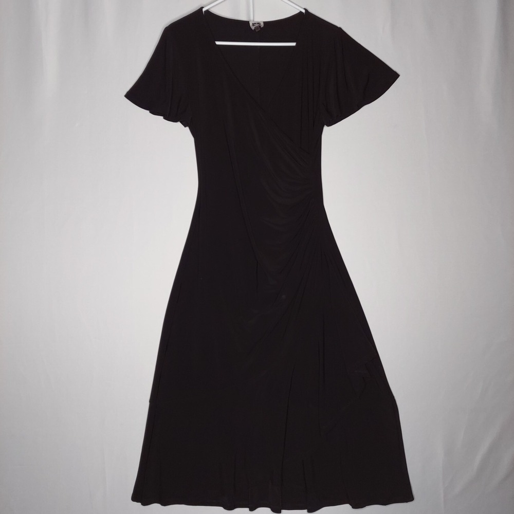 Anne Klein Dress 4 Black Stretch Knit Midi Faux Wrap Flutter Sleeve Witchy Vtg